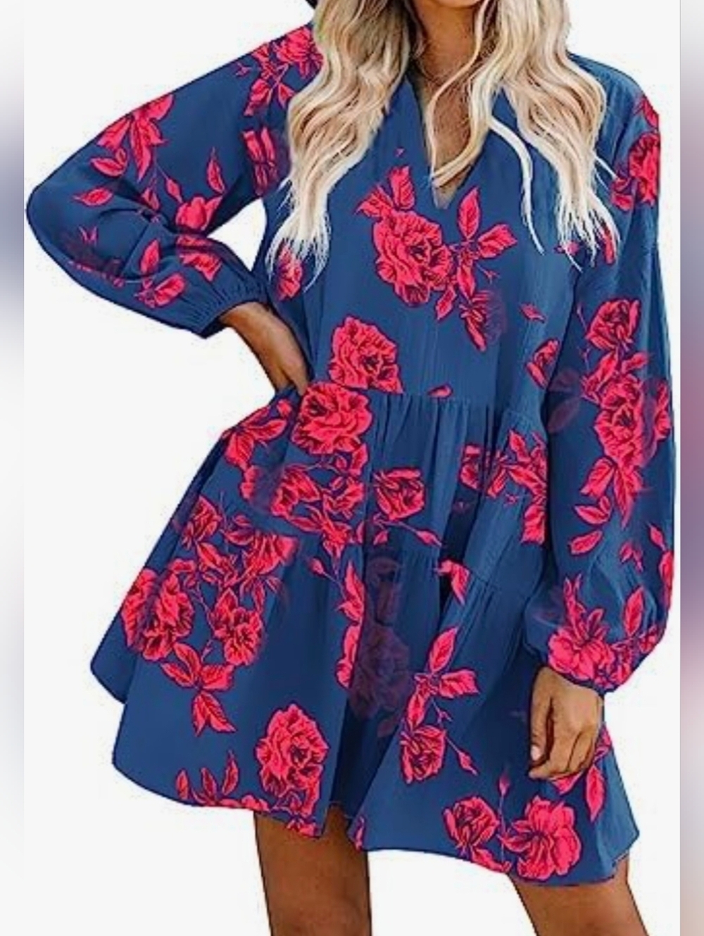 Fancyinn Navy Blue Long Sleeve V-Neck Tiered Dress with Pink Floral Print